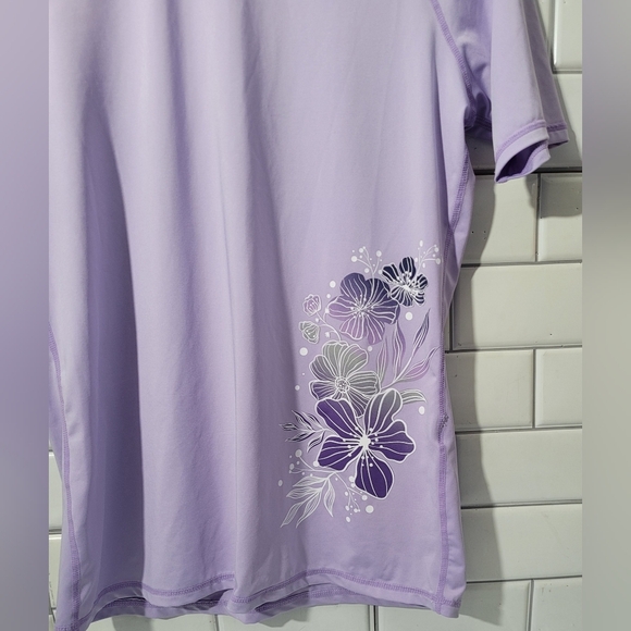 Tsla Ladies Short Sleeve Rash Guard Swim Top Mock Neck Color Lavender Side Flora - Picture 2 of 4